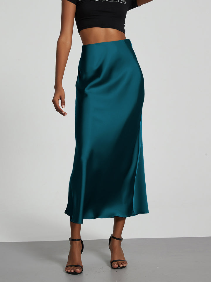 Damen Stilvolle Satin-Stretchrock mit hohem Bund und fließendem Schnitt Drune