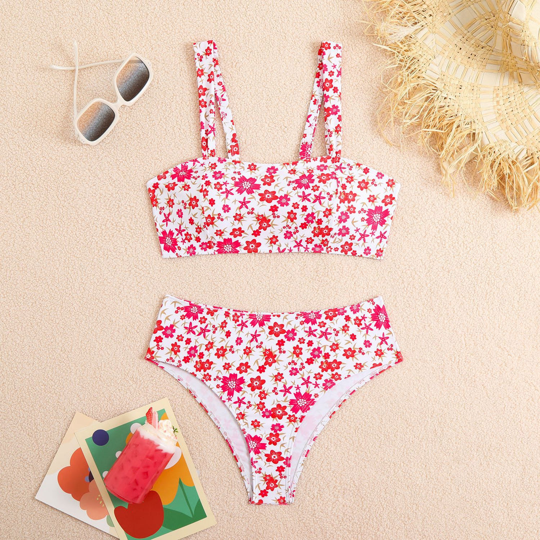 Damen Zweiteiliges Crop-Top Bikini-Set mit floralem Design und breiten Trägern Drune
