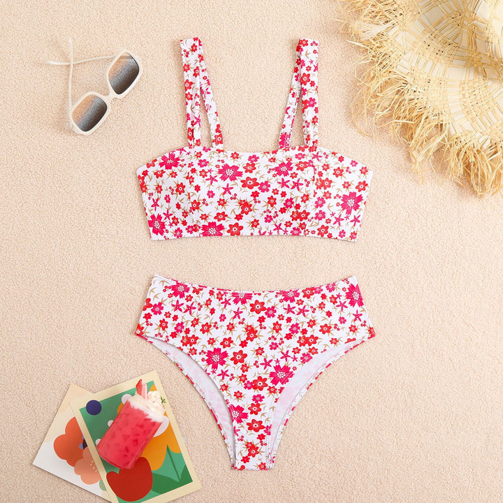 Damen Zweiteiliges Crop-Top Bikini-Set mit floralem Design und breiten Trägern Drune