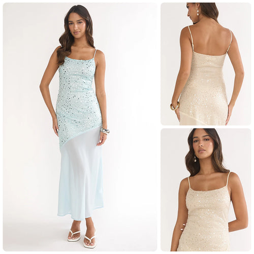 Damen Glitzerndes Maxikleid mit transparentem Obermaterial und asymmetrischem Saum Drune