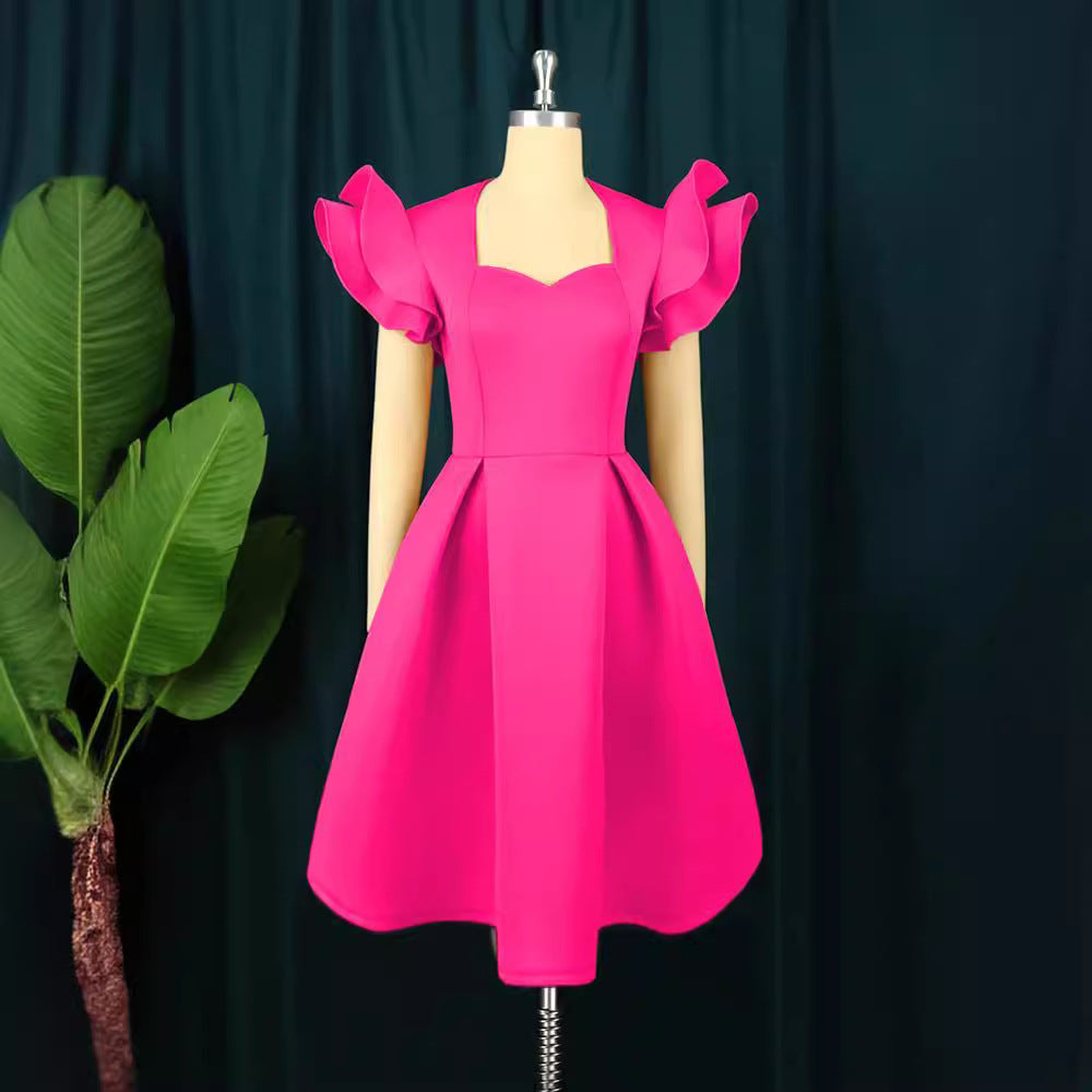 Damen elegantes Kleid mit voluminösen Rüschensäumen Drune