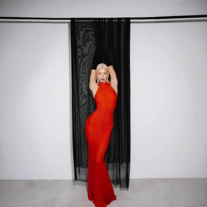 Damen Elegantes langes Abendkleid mit Raffung und schimmernden Akzenten Drune