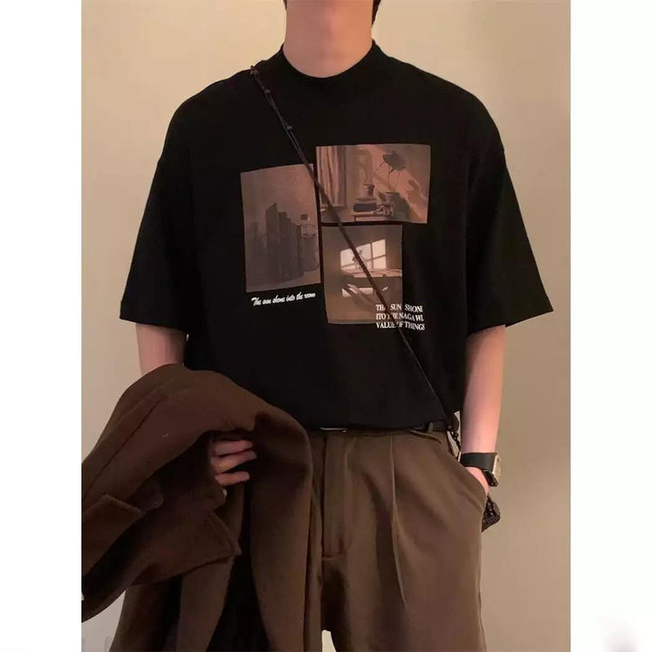 Damen modisches Kurzarm-T-Shirt mit kreativem Fotodruck und lockerer Passform Drune