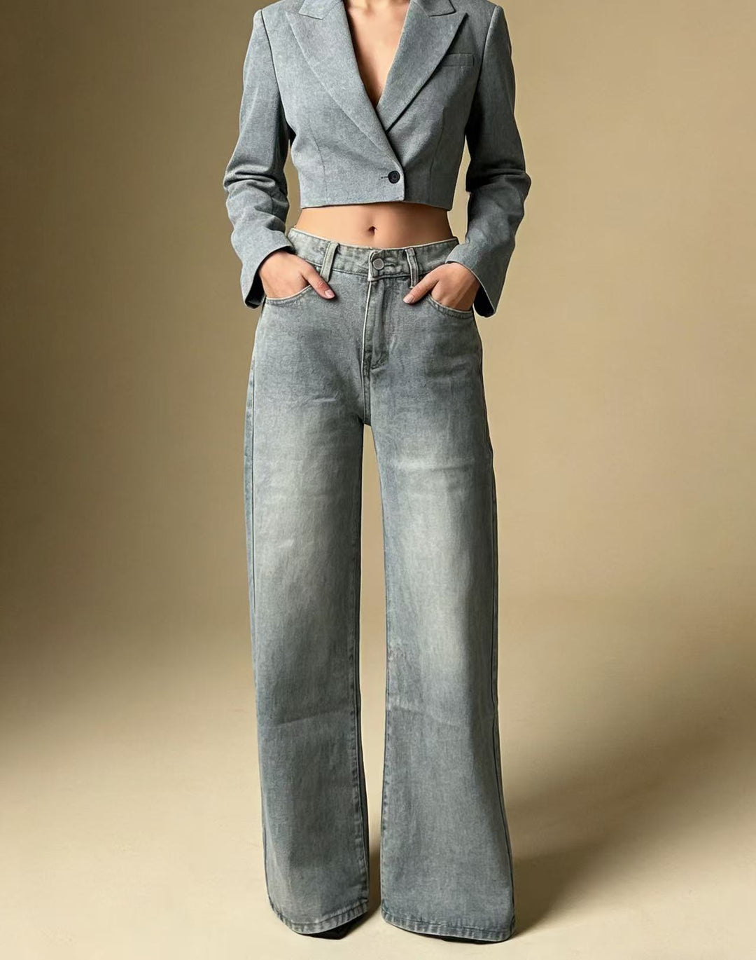 Damen weite Denim-Hose mit Vintage-Waschung und hoch geschnittenem Bund Drune