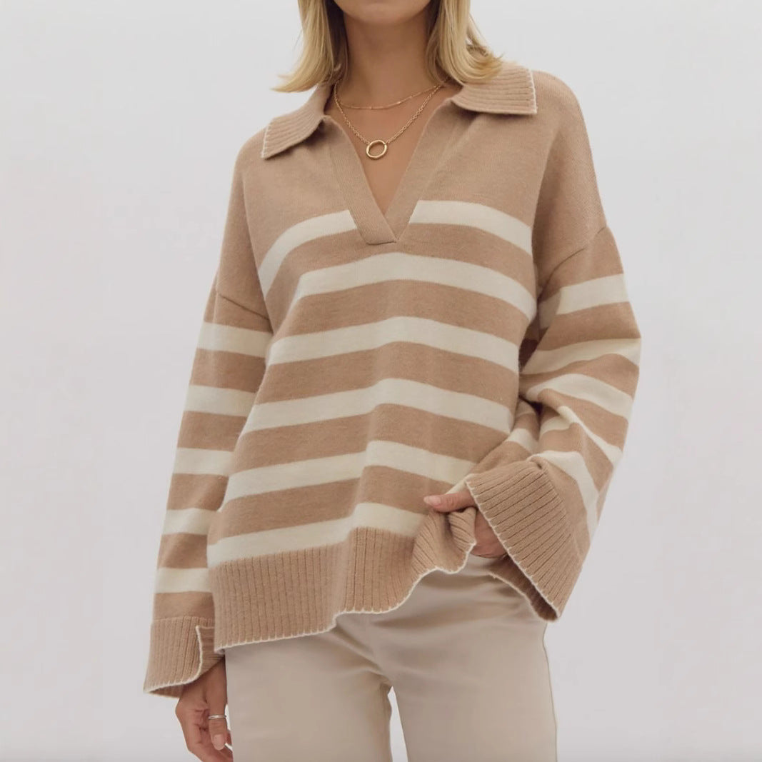 Damen stylischer Strickpullover mit elegantem V-Ausschnitt und breitem Streifenmuster Drune