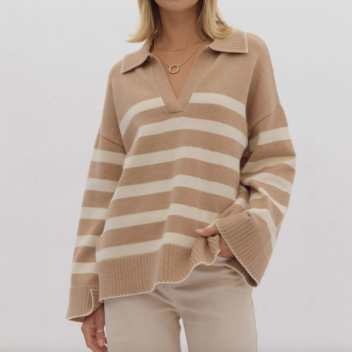 Damen stylischer Strickpullover mit elegantem V-Ausschnitt und breitem Streifenmuster Drune
