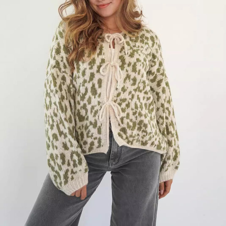 Damen Cardigan mit auffälligem Tiermuster und eleganten Bindebanddetails Drune