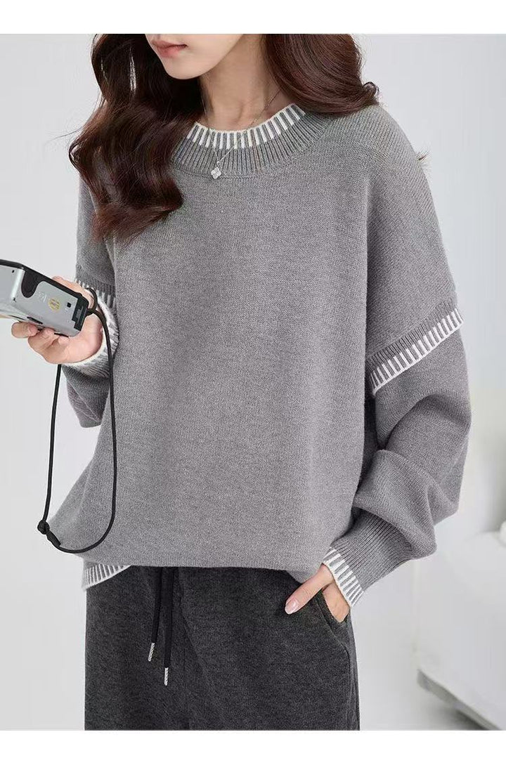 Damen lässiger Strickpullover mit breitem Rundhalsausschnitt und Übergangs-Streifenmuster Drune