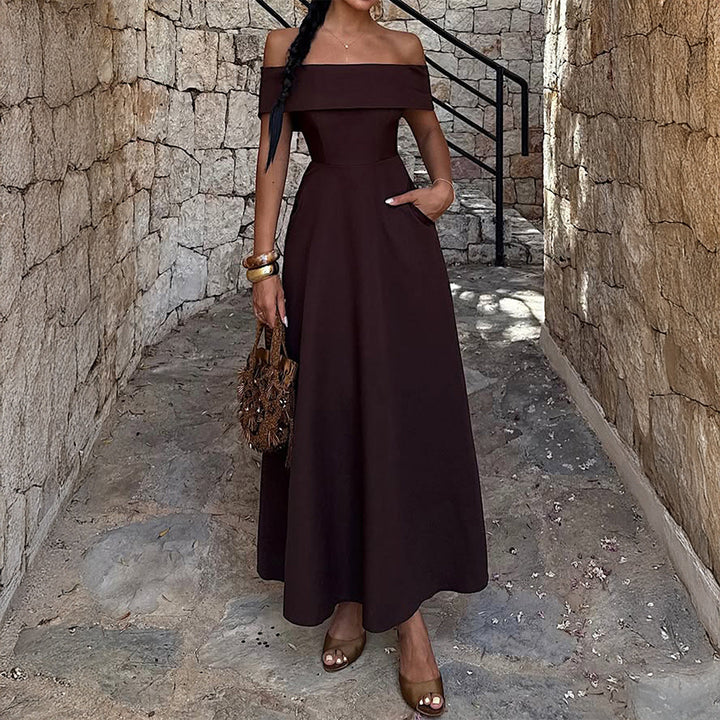 Damen Off-Shoulder Maxikleid mit Taschen und eleganter Silhouette Drune