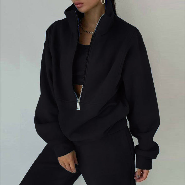 Damen nan Oversize Halbzip-Sweatshirt mit hohem Stehkragen und verdeckter Kängurutasche Drune