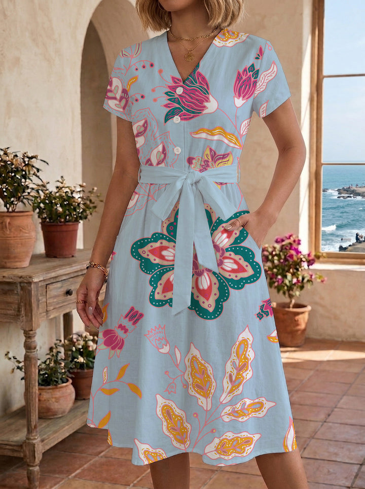 Damen Midikleid mit floralem Motiv und Taillengürtel Drune