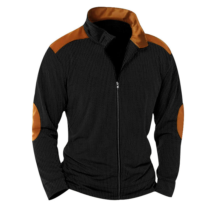 Herren nan strukturierte Strick‑Hybridjacke mit Stehkragen Kontrasteinsätzen und Ellbogenpatches Drune