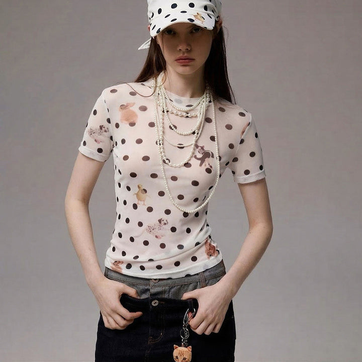 Damen Figurbetontes Polka-Dot T-Shirt mit verspieltem Tierdesign Drune