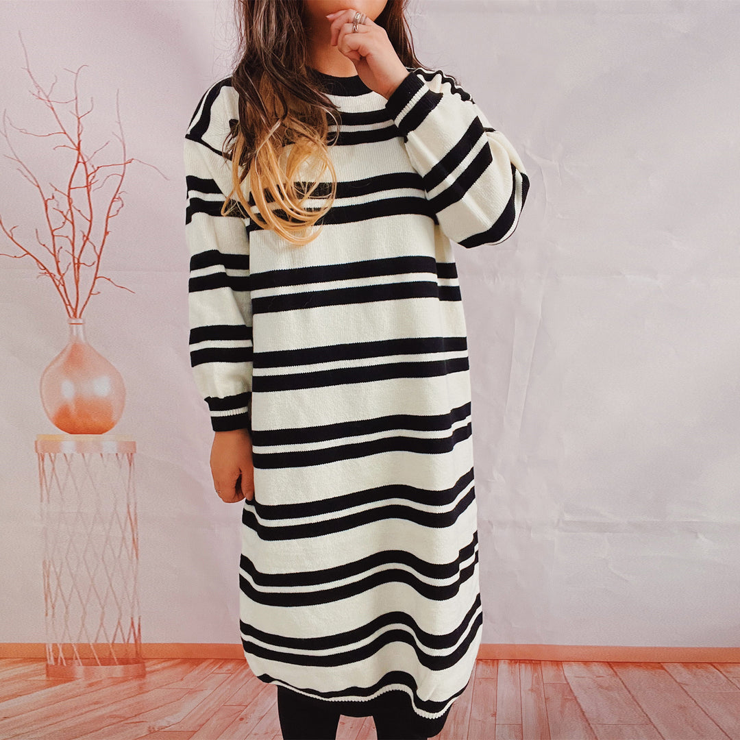 Damen lässiges Strickkleid mit modernem Streifenmuster Drune