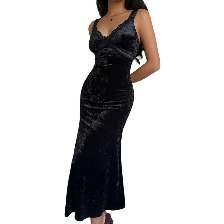 Damen Samt Maxi-Kleid mit tiefem V-Ausschnitt und eleganten Spaghettiträgern Drune