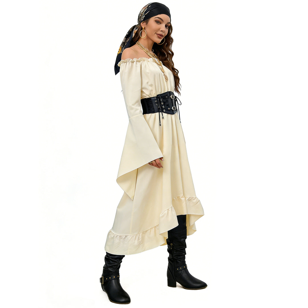 Damen nan schulterfreies Maxikleid mit Volantstufen und weiten Trompetenärmeln Drune