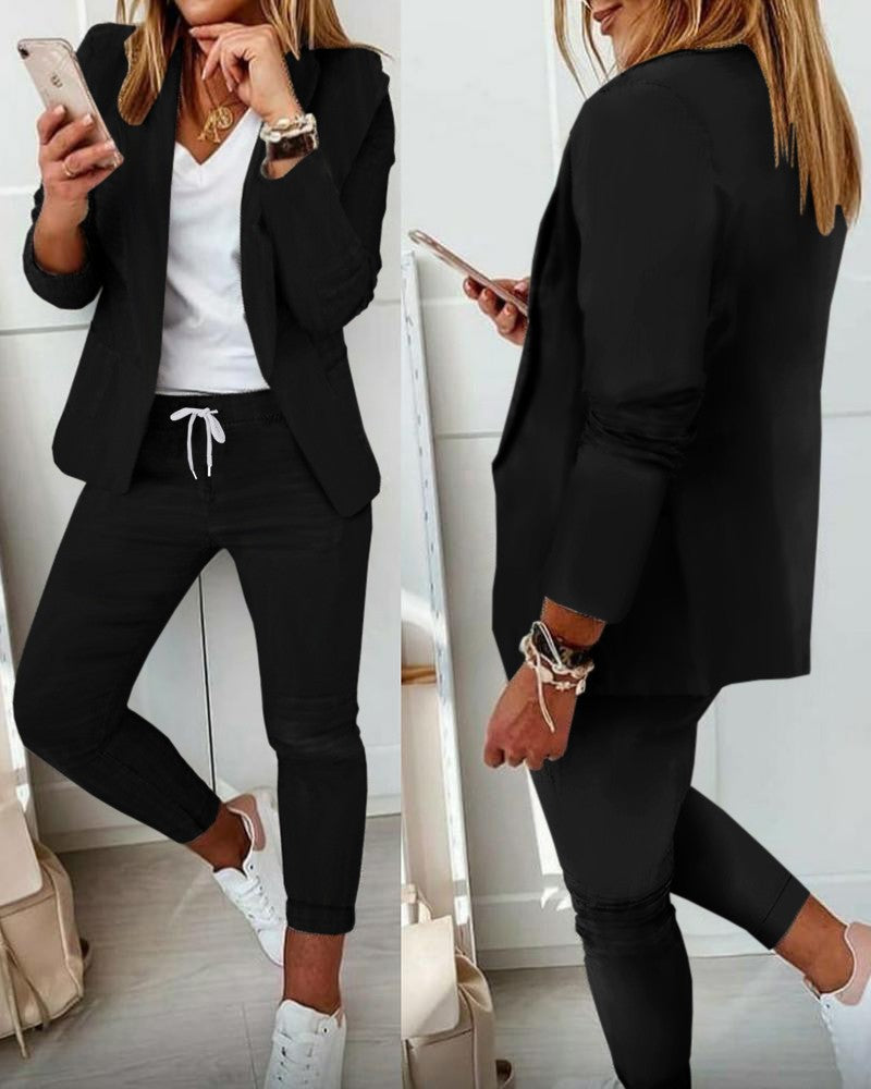 Damen nan Smart-Casual Blazer-Set mit offenem Longblazer und tapered Jogpant mit Kordelzug Drune