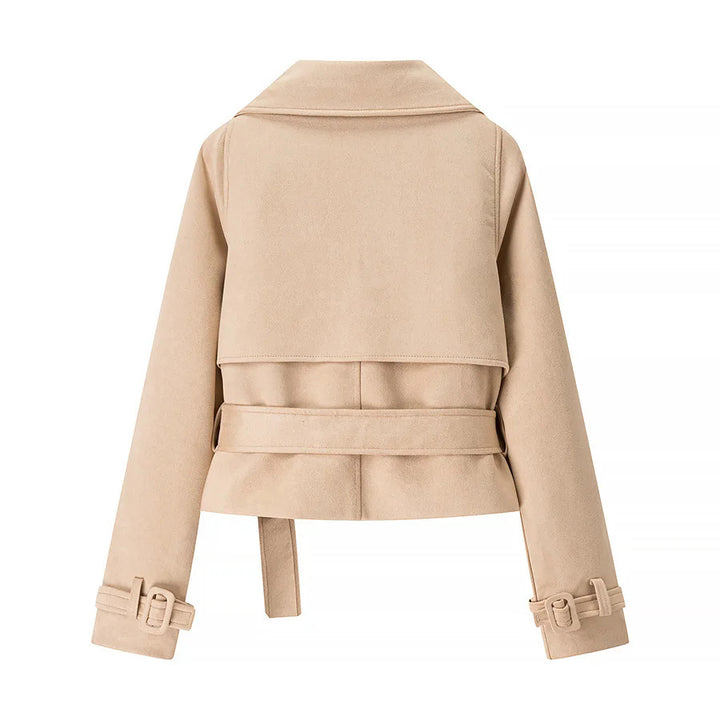 Damen modische cropped Jacke mit breitem Revers und tailliertem Gürtel Drune