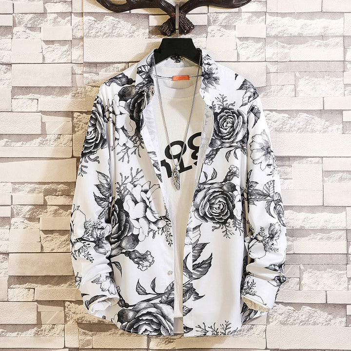 Herren nan langärmliges Hemd mit offenem Reverskragen, kontrastivem Blumenprint und lässiger Regular-Fit Silhouette Drune