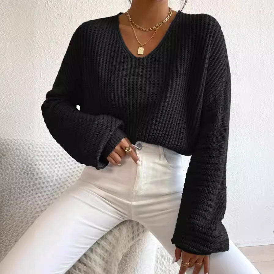 Damen V-Pullover mit weiten Ärmeln und strukturiertem Strickmuster Drune