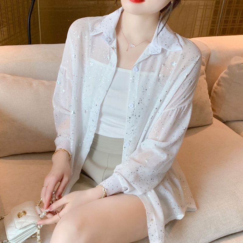 Damen transparente Bluse mit funkelnden Sternen Drune