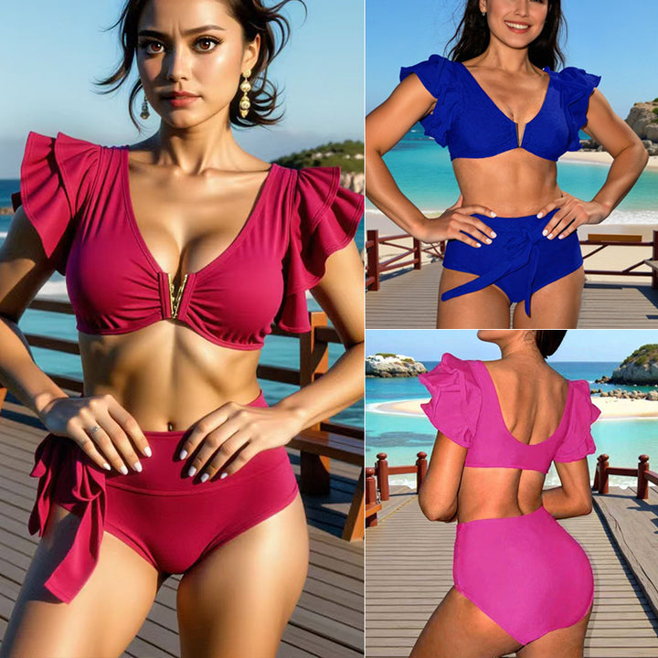 Damen Hochgeschnittenes Bikini-Set mit Rüschen Drune