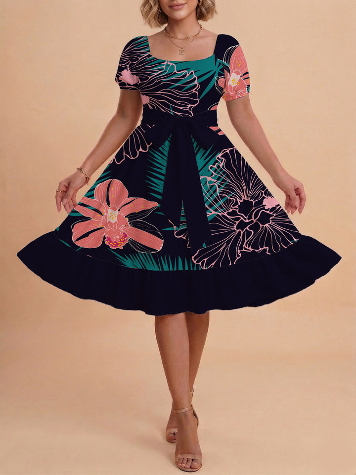 Damen A-Linien-Kleid mit floralen Motiven und taillierbarem Gürtel Drune