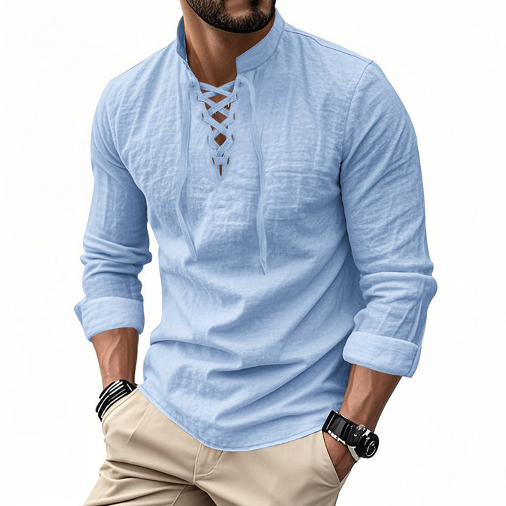 Herren nan Leinenoptik Langarmshirt mit Schnürung V-Ausschnitt und Stehkragen Drune