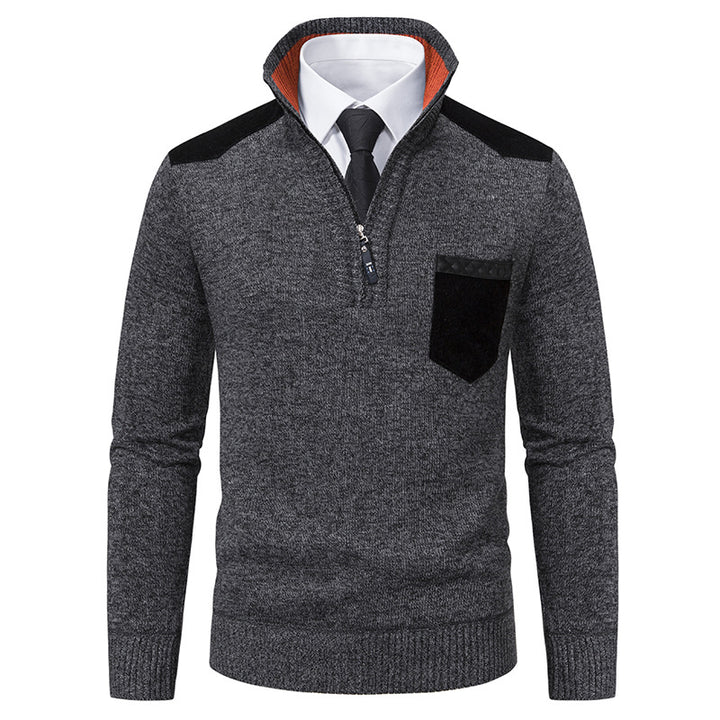 Herren nan Feinstrick-Halbzip-Pullover mit Stehkragen, Brusttasche und Schulterbesatz Drune