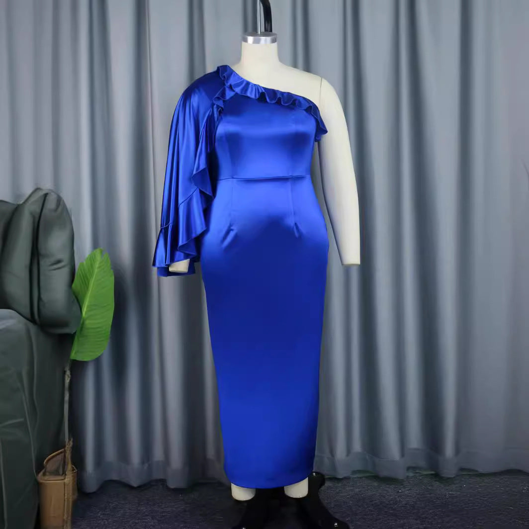 Damen elegantes Maxikleid mit asymmetrischem Rüschendesign Drune