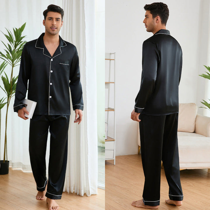Herren Satin Schlafanzug-Set mit Klassischem Kragen und Eleganten Kontrastnähten Drune