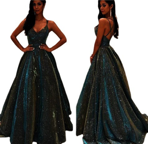 Drune | Damen Spaghettiträger V-Ausschnitt A-Linie Glitzer Maxikleid