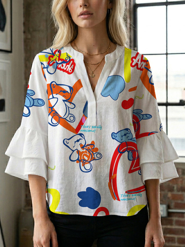 Damen Bluse mit voluminösen Rüschenärmeln und modernem Motiv Drune