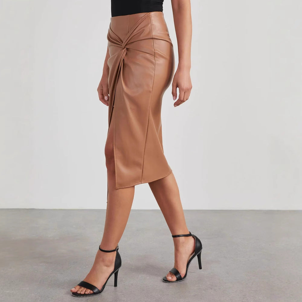 Damen Kunstleder-Rock mit asymmetrischem Schnitt und dekorativem Knoten Drune