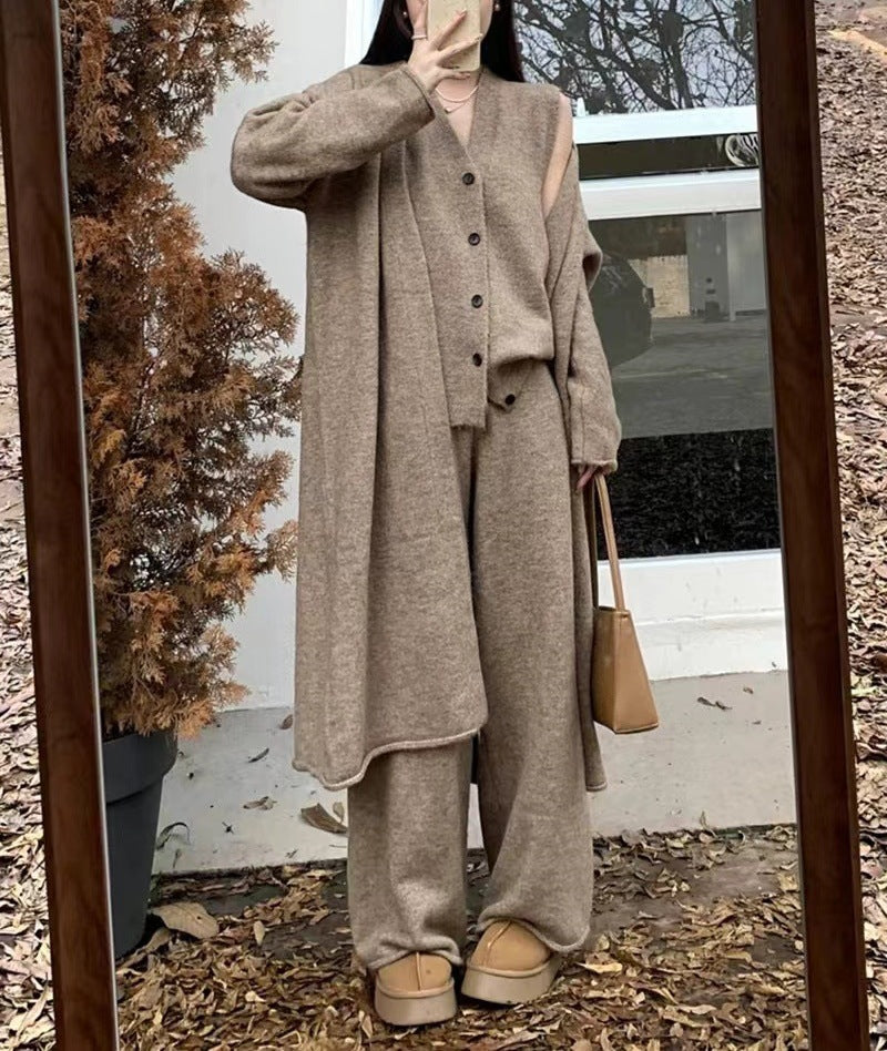 Damen elegantes Strickensemble mit Longcardigan und weiten Hosen Drune