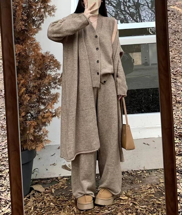 Damen elegantes Strickensemble mit Longcardigan und weiten Hosen Drune