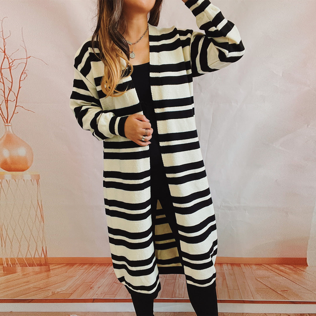 Damen lässige Longstrickjacke mit modischem Streifenlook und offenen Ärmeln Drune