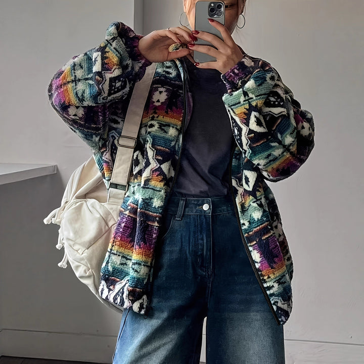 Damen Fleecejacke mit buntem Ethno-Muster und weichem Innenfutter Drune