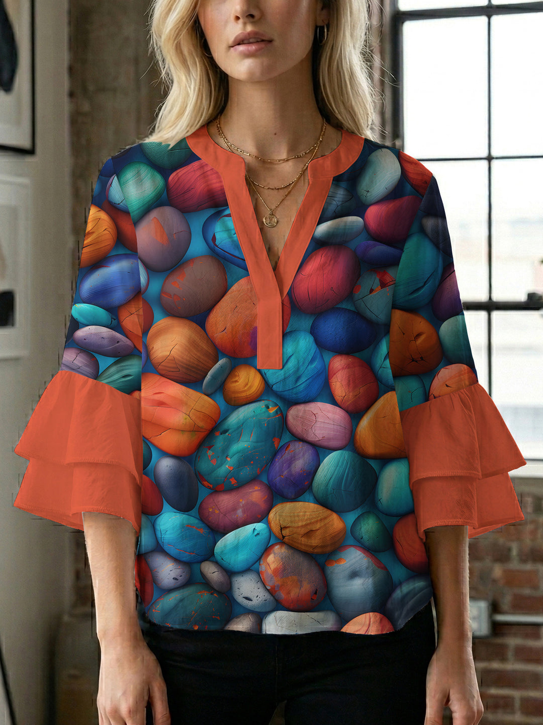 Damen kunstvolles Oberteil mit Rüschensleeves Drune