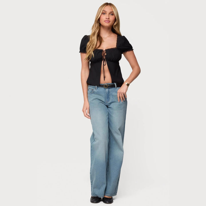 Damen Crop-Oberteil mit Spitzenbesatz und Schnürdetail Drune