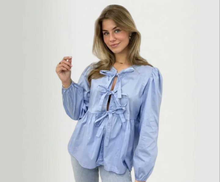 Damen Bluse mit Volantärmeln und Schleifenband Drune