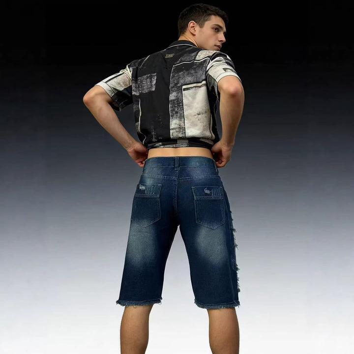 Herren lässige destroyed Jeansshorts mit fransigen Abschlüssen und weitem Bein Drune