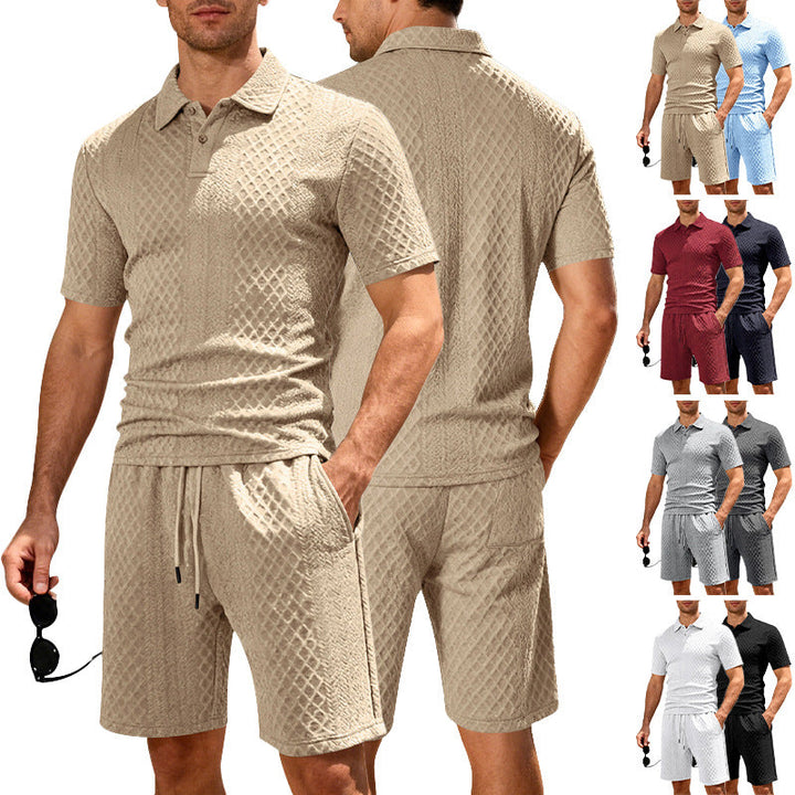 Herren nan geprägtes Strand-Ensemble mit offenem Kurzarm-Hemd und Kordel-Bermuda Drune