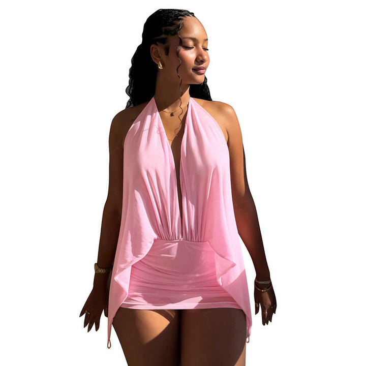 Damen Sommerliches Wickelkleid mit tiefem V-Ausschnitt und asymmetrischem Saum Drune