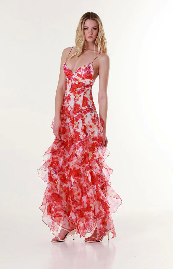 Damen Fließendes Chiffon Maxikleid mit Rüschendetails und floralen Akzenten Drune