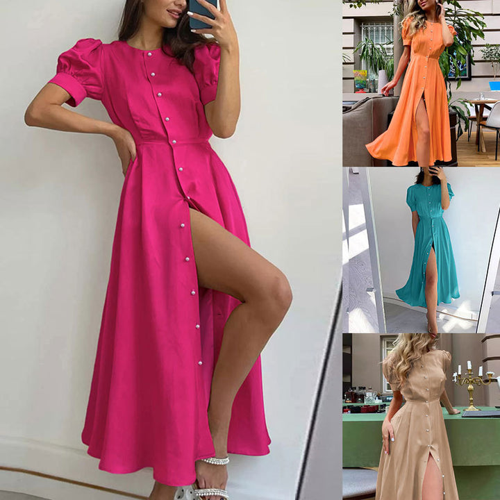 Damen Maxikleid mit eleganten Knopfdetails und sexy Schlitz Drune