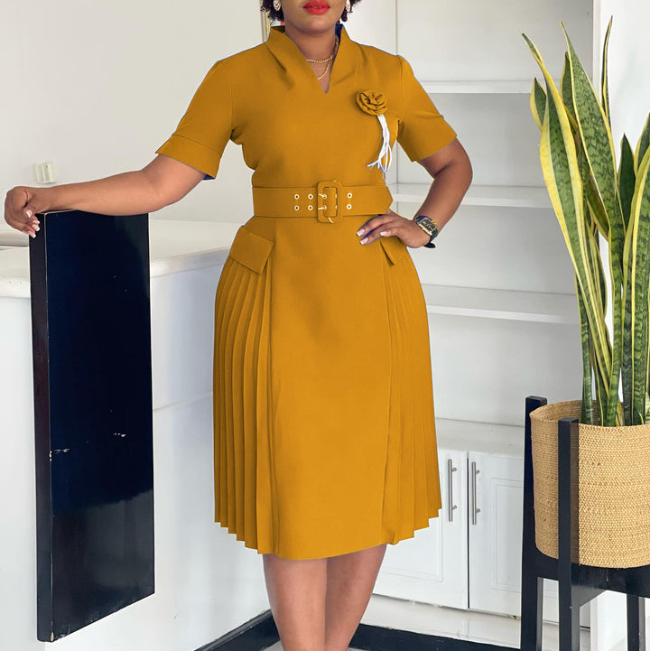 Damen Midi-Kleid mit stilvollem Gürtel und eleganter Rüsche Drune