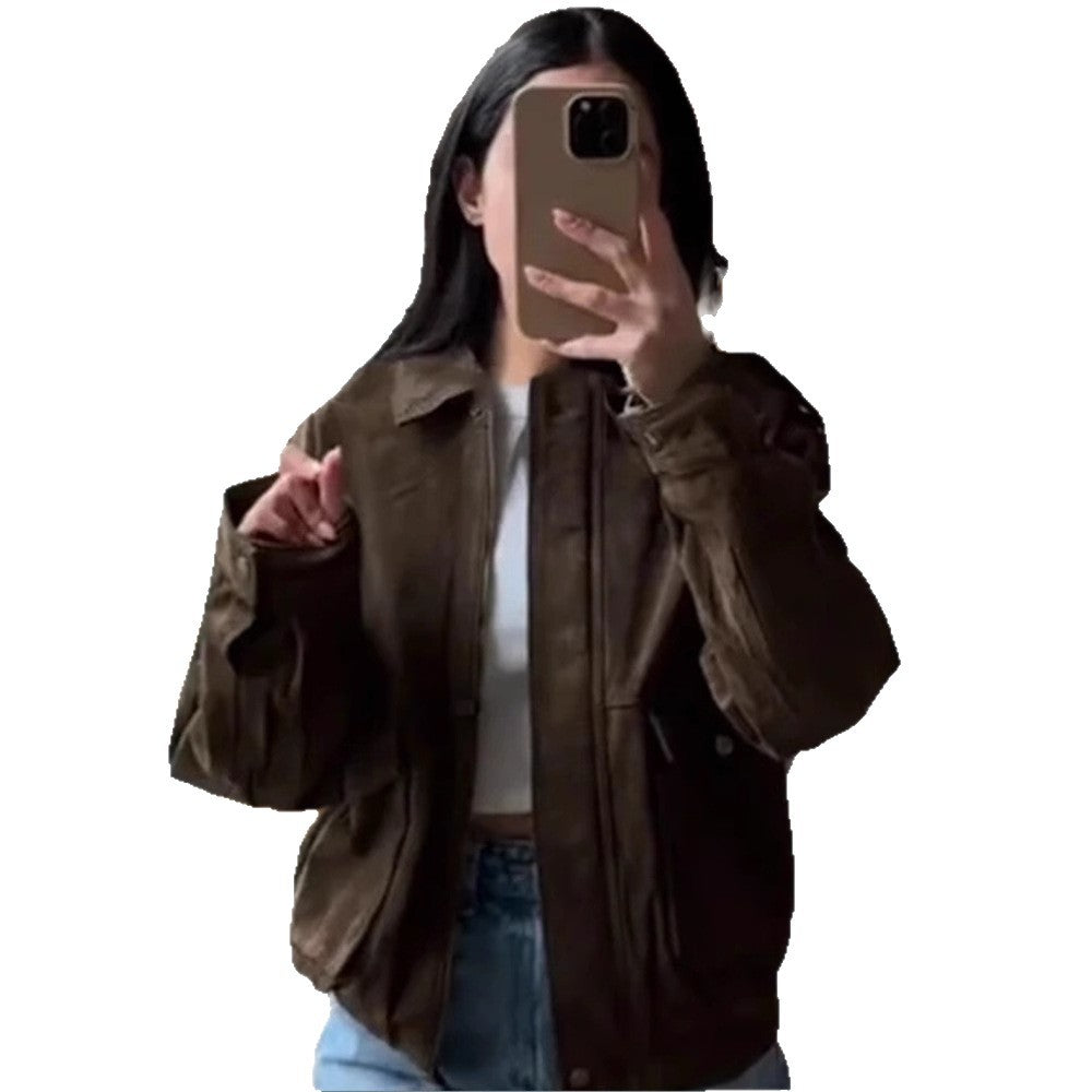 Damen Modische Kunstlederjacke mit lässigem Schnitt und praktischen Taschen Drune