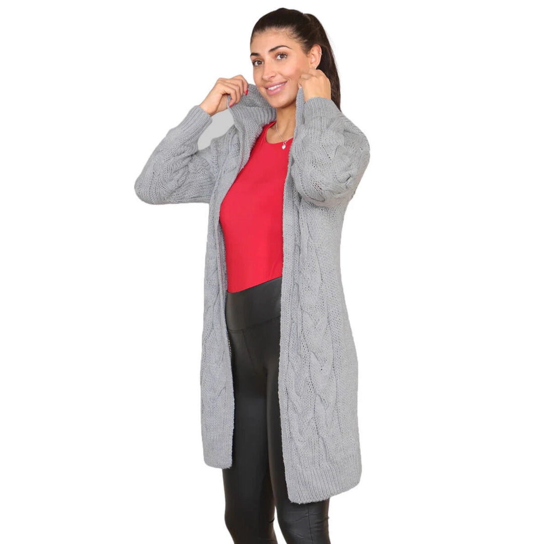 Damen Strickmantel mit Kapuze und Zopfmuster Drune