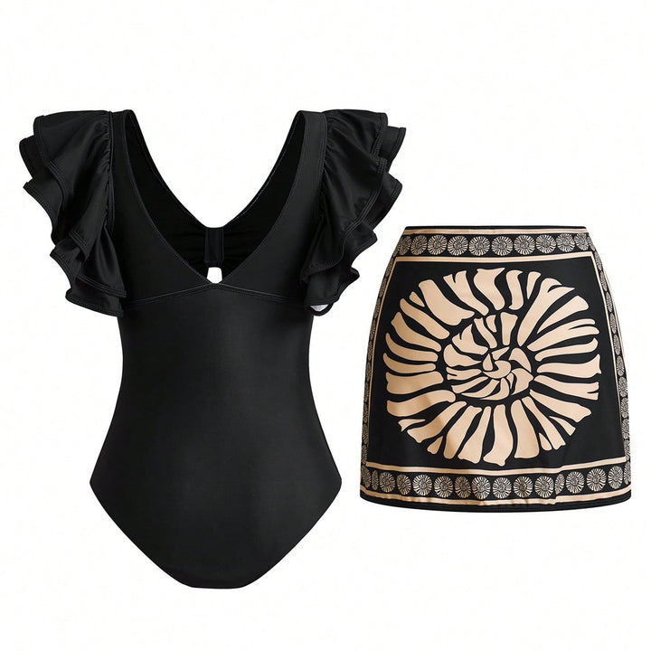 Damen Badeanzug mit eleganten Rüschendetails und passendem Saumrock Drune